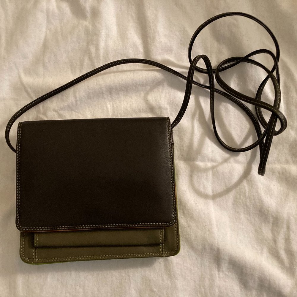 Mywalit Leather Crossbody Wallet – Multi-color Brown, Olive Green, Orange